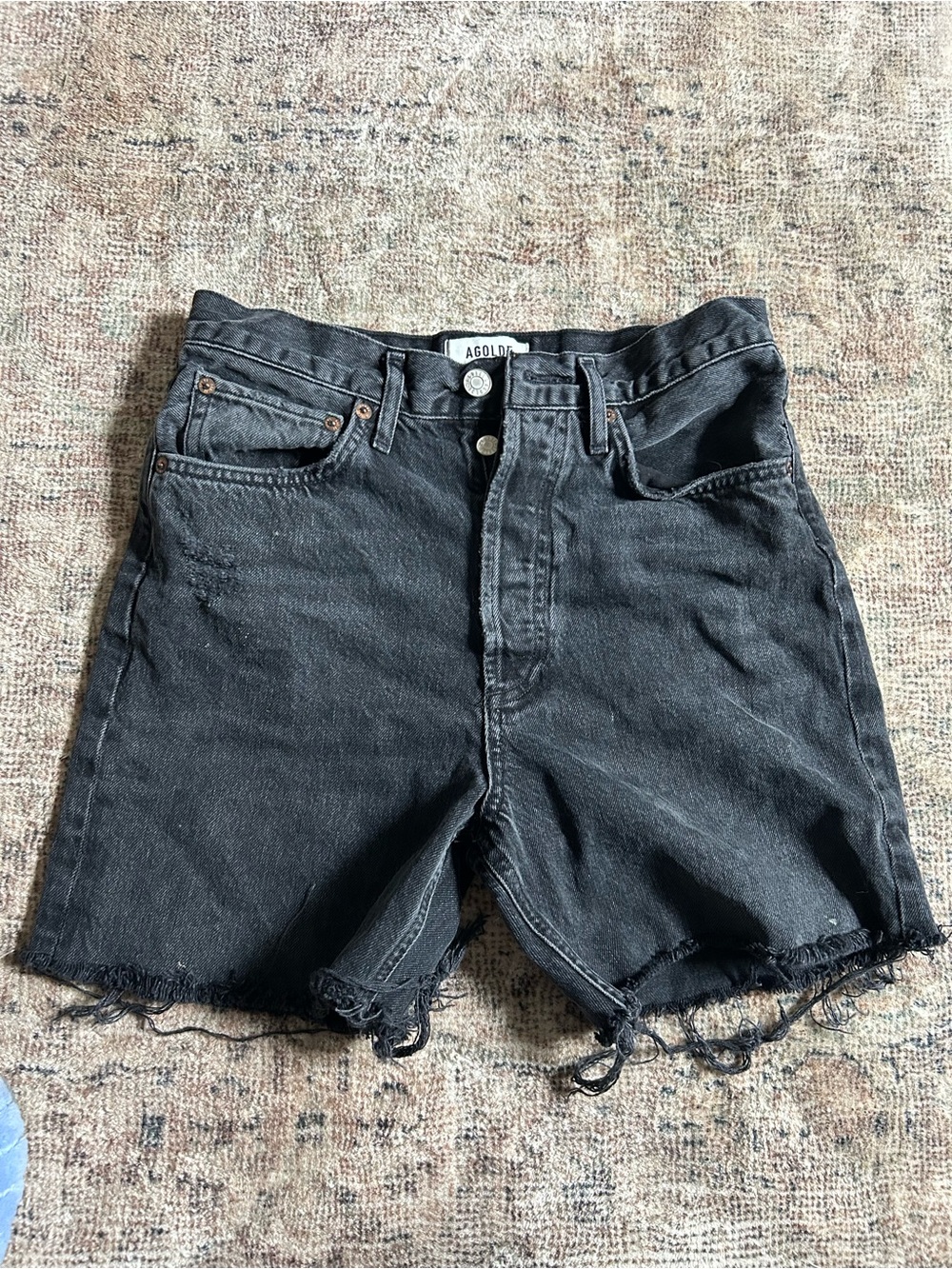 Agolde Black High-Rise Frayed Hem Jean Shorts